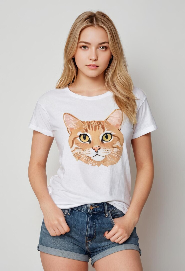 una mujer con un gato en su camisa