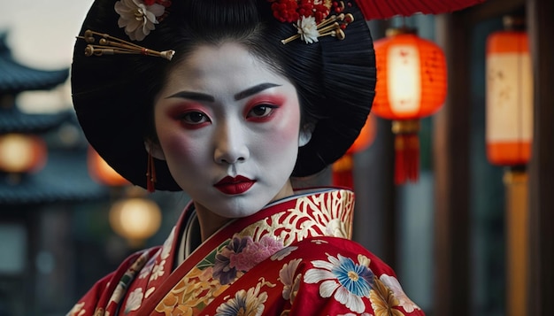 Foto mujer geisha en kimono actuaciones graciosas en el distrito histórico de kioto