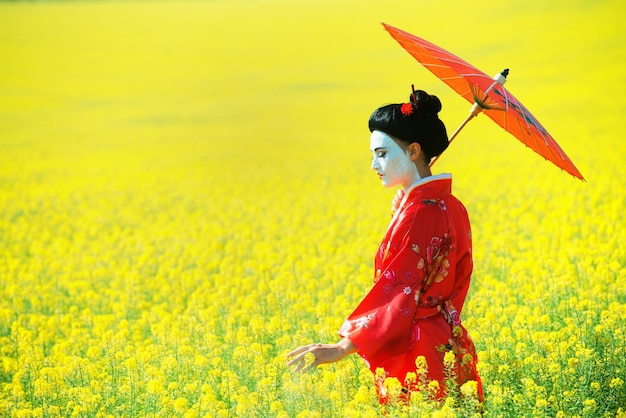 mujer, en, geisha, maquillaje, ambulante, debajo, un, paraguas, en, el, campos