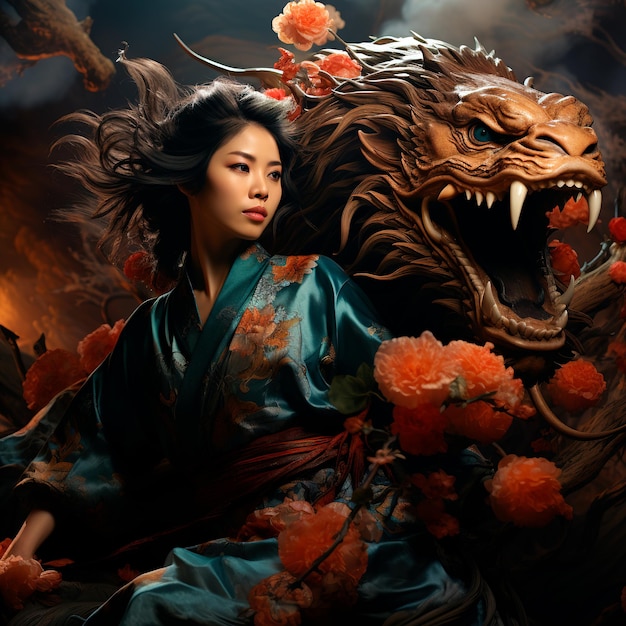 Una mujer geisha sobre un dragón volador respirando fuego