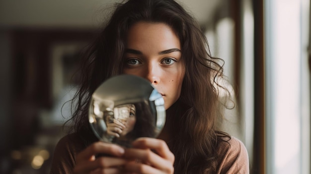 Mujer generada por IA sosteniendo un espejo con el reflejo de su cara