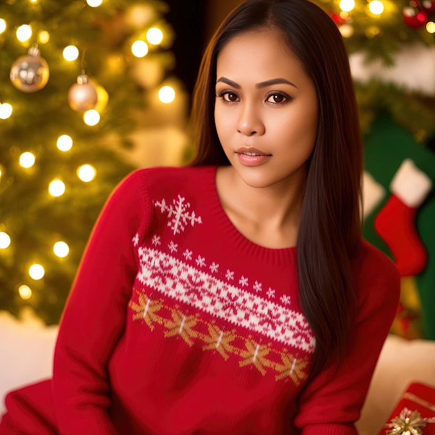 Mujer generada por IA con suéter navideño