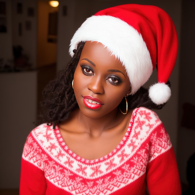 Mujer generada por IA con suéter navideño