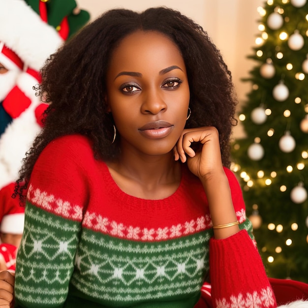 Mujer generada por IA con suéter navideño