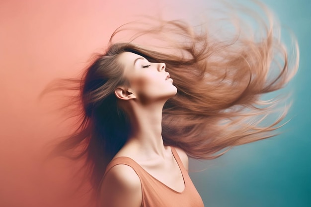 Mujer generativa AI con cabello largo ondeando al viento