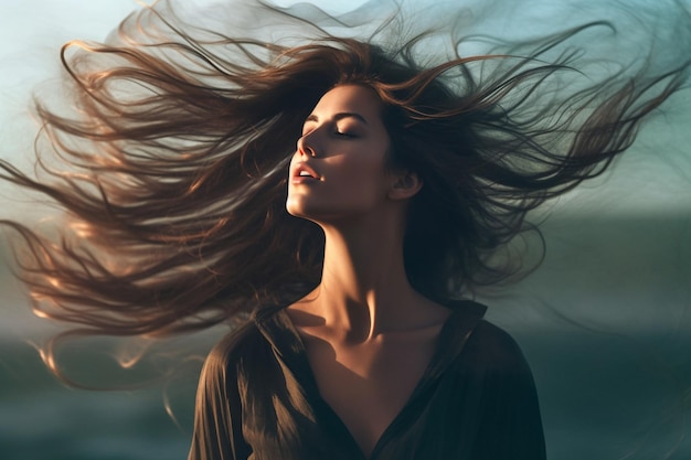 Mujer generativa AI con cabello largo ondeando al viento