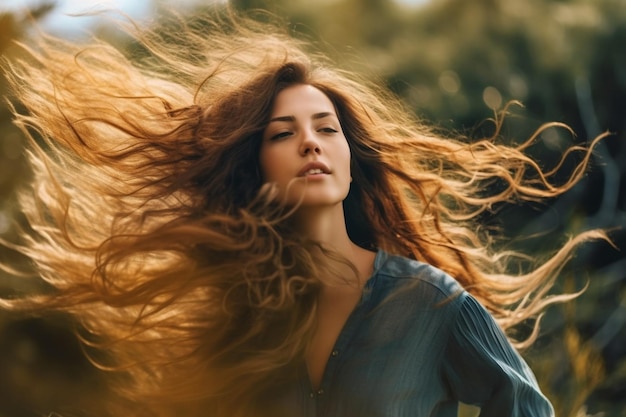 Mujer generativa AI con cabello largo ondeando al viento