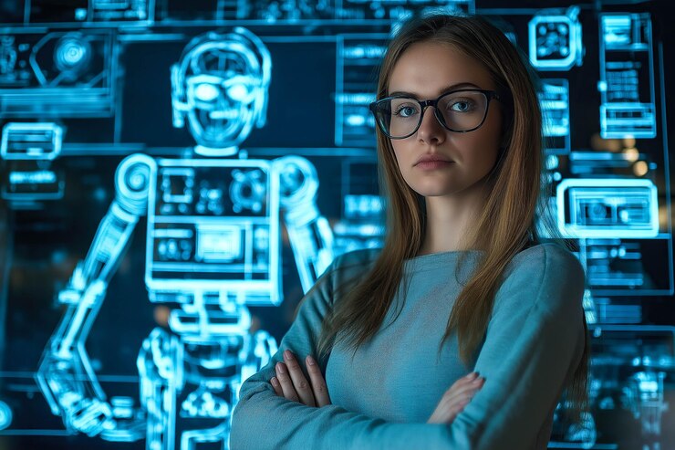 Una mujer genio está orgullosa al lado de un robot de su diseño Generative Ai