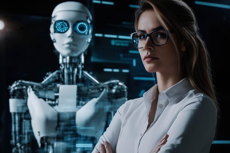 Una mujer genio está orgullosa al lado de un robot de su diseño Generative Ai