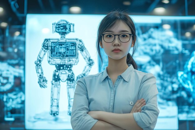 Una mujer genio está orgullosa al lado de un robot de su diseño Generative Ai
