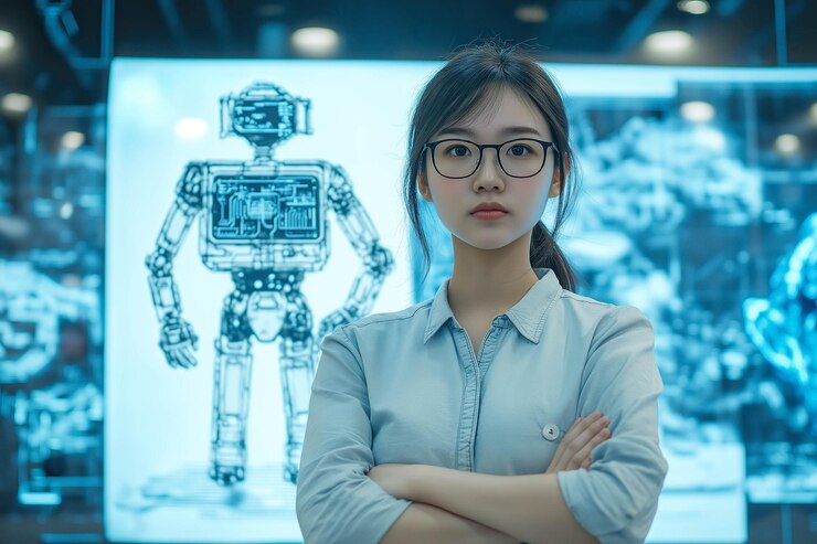 Una mujer genio está orgullosa al lado de un robot de su diseño Generative Ai