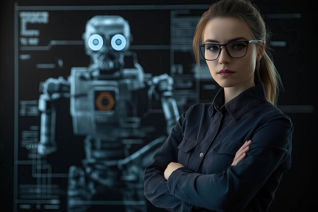 Una mujer genio está orgullosa al lado de un robot de su diseño Generative Ai