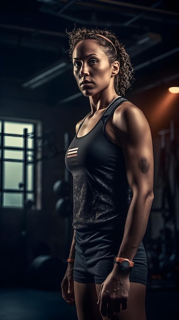 Una mujer en un gimnasio con una camiseta sin mangas negra y una camiseta sin mangas negra se encuentra en una habitación oscura