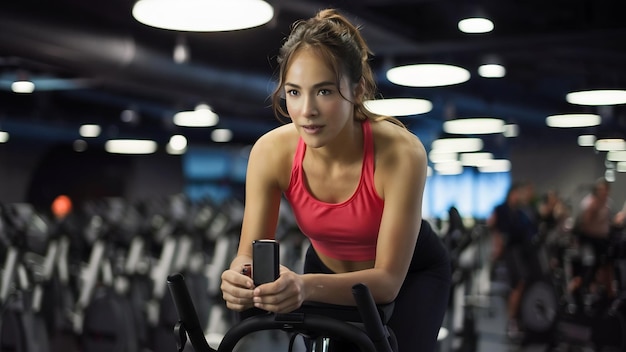 Mujer en un gimnasio haciendo spinning o cyclo interior con reloj inteligente