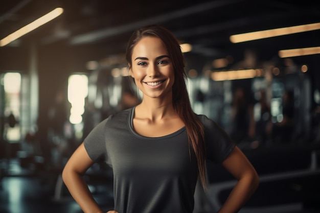 Una mujer en el gimnasio con IA de fondo borroso