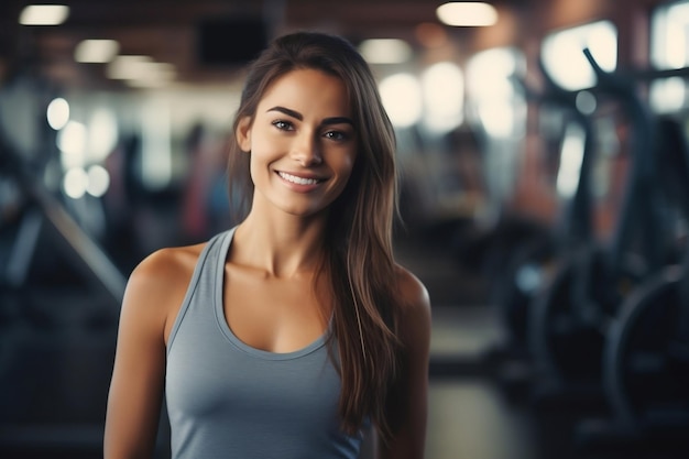 Una mujer en el gimnasio con IA de fondo borroso