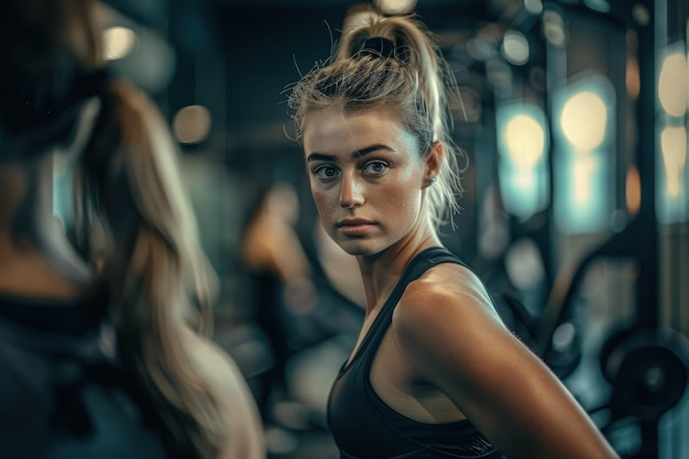 Una mujer en un gimnasio mirando a la cámara