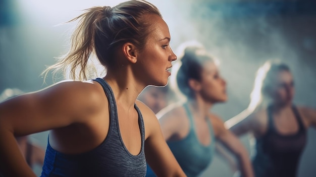 Una mujer en un gimnasio con una mujer con una camiseta sin mangas gris y  una camiseta sin mangas gris.