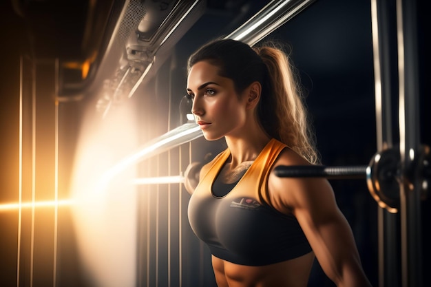 Una mujer en un gimnasio con la palabra gimnasio en el frente.