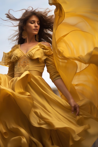 mujer gira vestido de flamenca de seda amarillo fluido