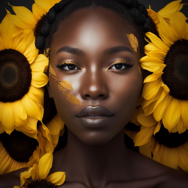 Una mujer con girasoles en la cara.