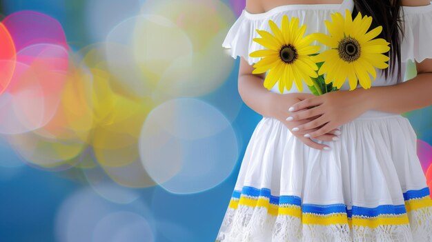 Mujer con girasoles con un vestido blanco con luces bokeh