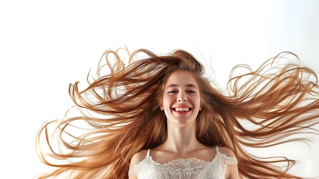 Mujer glamurosa con el cabello que fluye en un fondo neutral