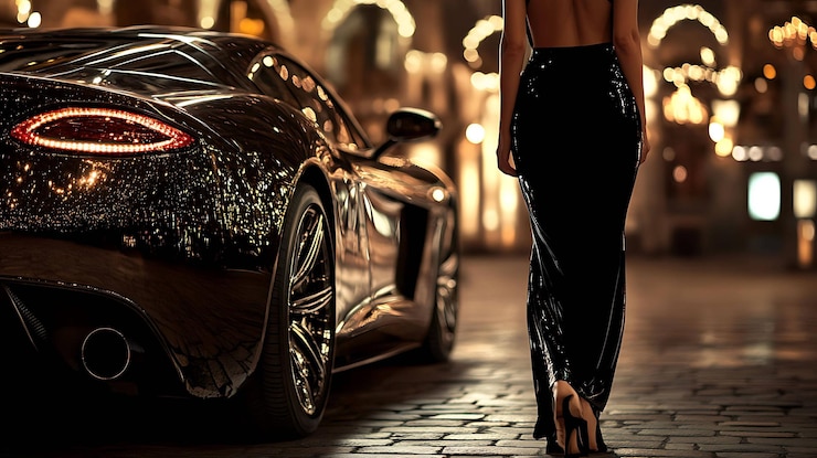 Foto una mujer con un glamuroso vestido negro se aleja de un coche de lujo