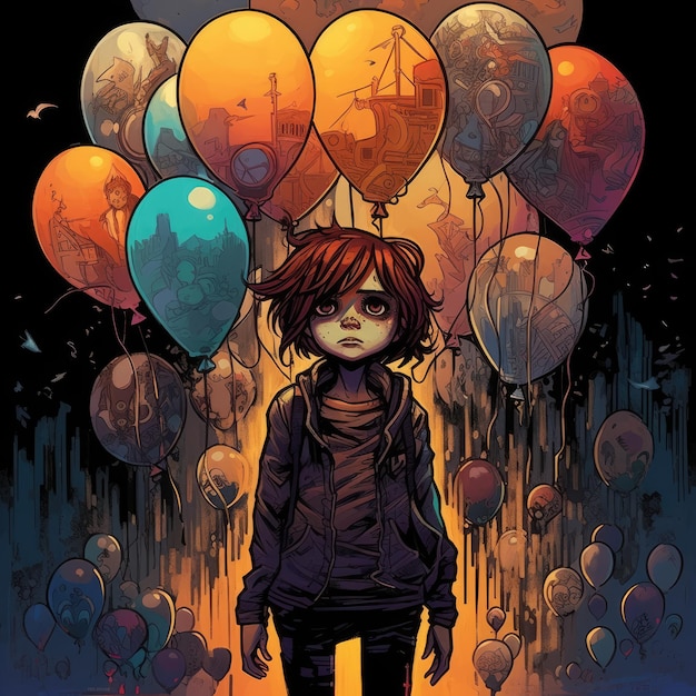 mujer globo halloween fantasía ilustración arte cartel arte mágico espeluznante aterrador épico horror diseño