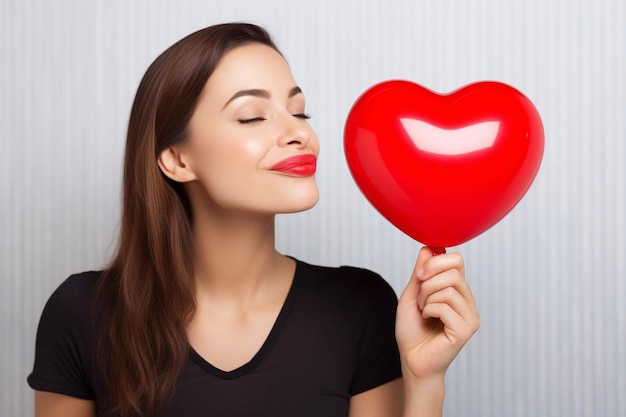 Mujer con globo rojo lanzando un beso