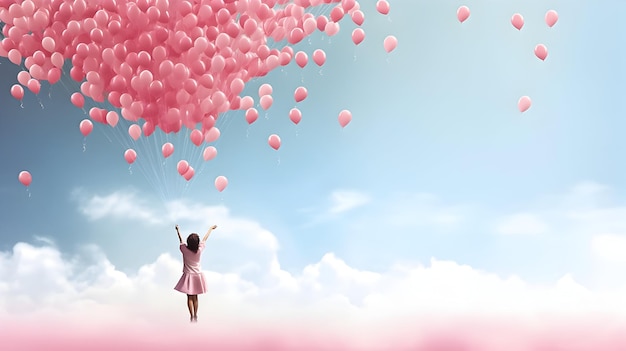 Mujer con globos rosados en el cielo Feliz día de la mujer estandarte espacio de copia