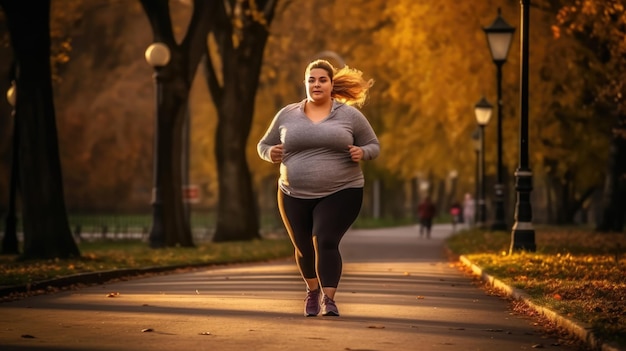 Mujer gorda corriendo para perder peso en el parque por la mañana IA generativa