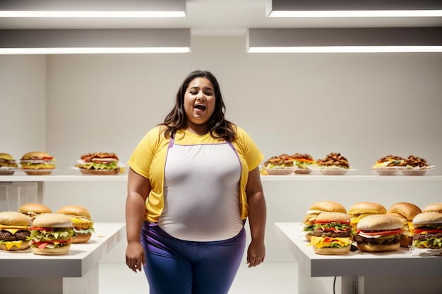 Foto mujer gorda disfruta comiendo una deliciosa hamburguesa