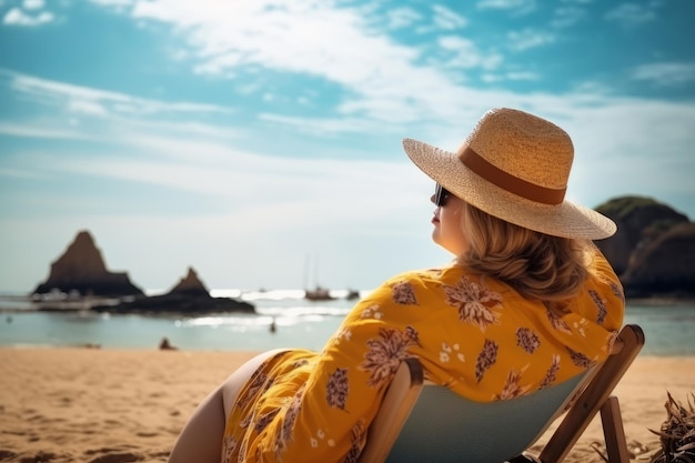 Una mujer gorda disfruta de sus vacaciones sentada relajándose en la playa En el fondo la playa y el mar