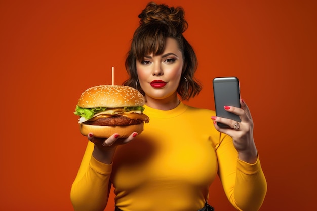 Mujer gorda con una hamburguesa tomando un selfie, no un espacio de copia de dieta saludable