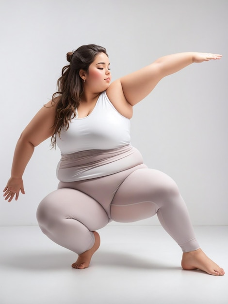 Mujer gorda joven haciendo ejercicios de flexibilidad sobre un fondo blanco