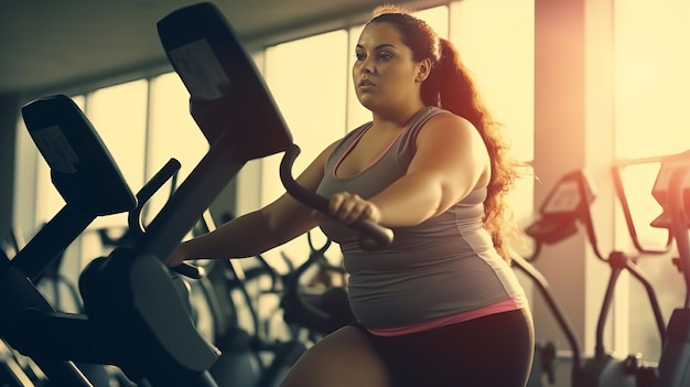Mujer gorda en el nuevo gimnasio moderno durante el día