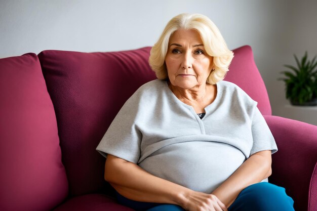 Mujer gorda solitaria deprimida en tela casual sentada en el sofá en casa Generativo ai