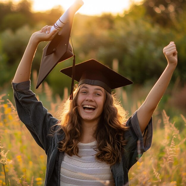 una mujer con una gorra de graduación en la cabeza está celebrando con los brazos levantados