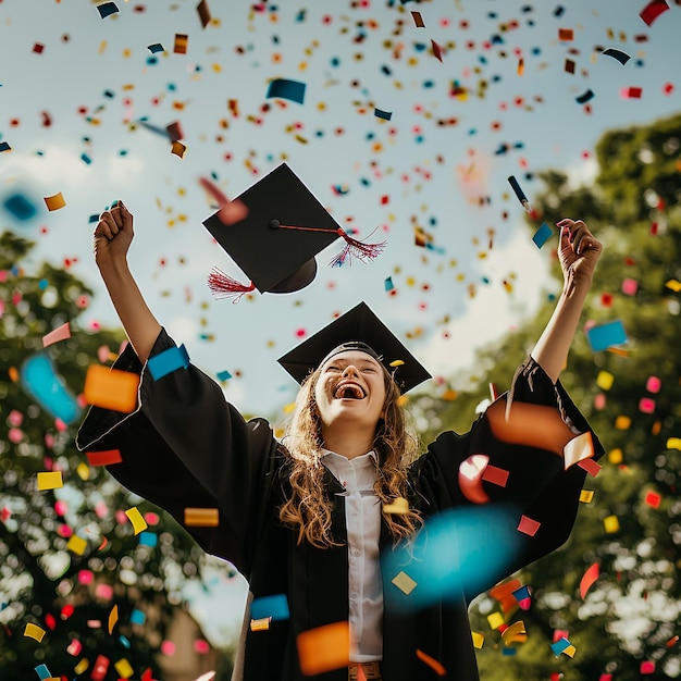 Foto una mujer con una gorra de graduación está celebrando con confeti y confeti