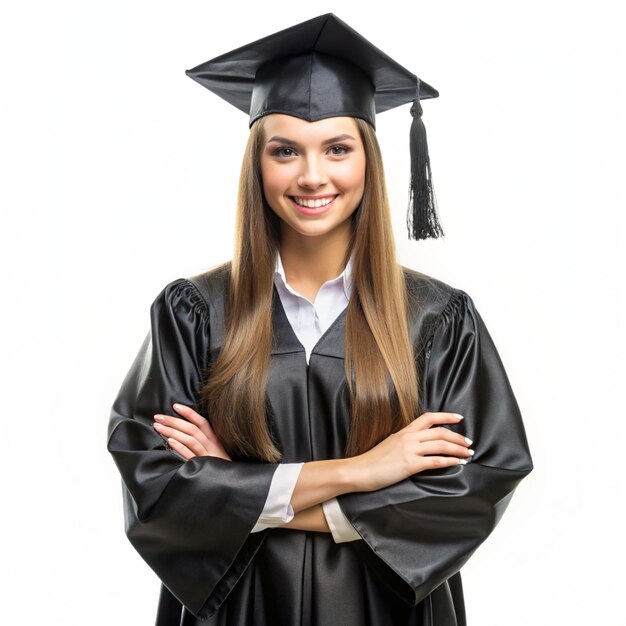 Foto una mujer con una gorra de graduación sostiene un diploma aislado en un fondo blanco