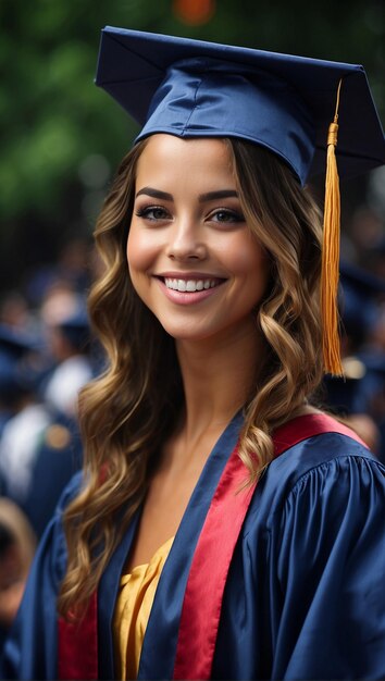 Foto una mujer con una gorra de graduación y una túnica sonríe a la cámara