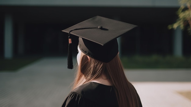 Una mujer con una gorra negra de graduación se para frente a un edificio