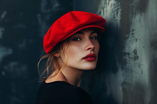Mujer con gorra roja en una captura elegante
