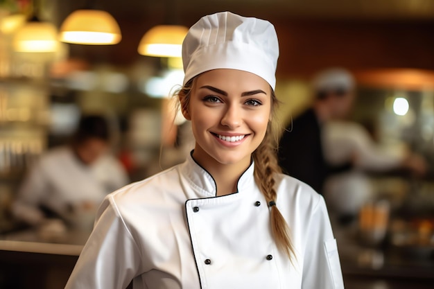 Una mujer con gorro de chef se encuentra en un restaurante.