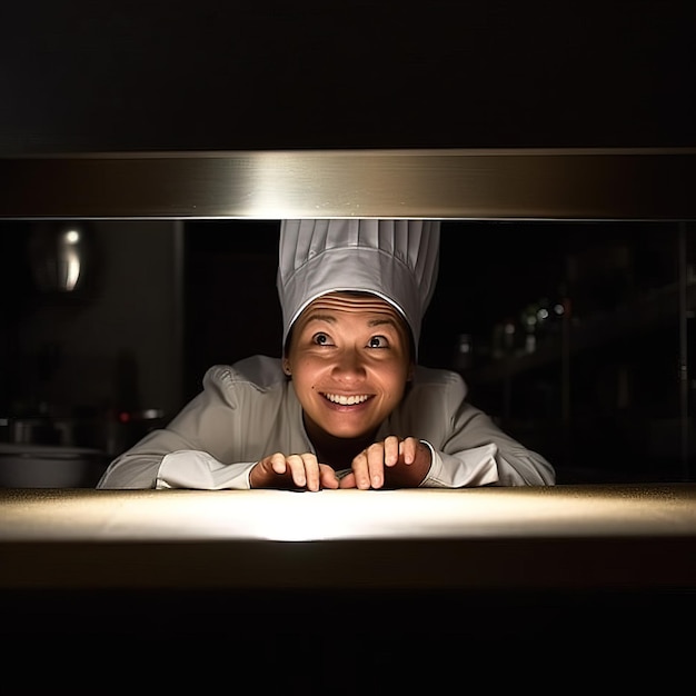 Una mujer con gorro de chef mira por la ventana.