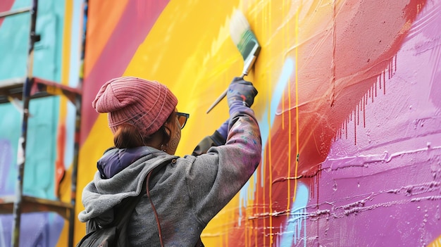 Una mujer con un gorro rosa y gafas de sol está pintando un mural en una pared El mural está hecho de colores brillantes y tiene un patrón geométrico