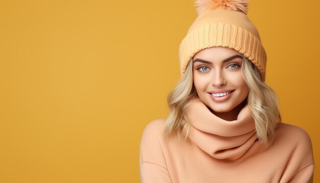 una mujer con un gorro con un sombrero en un fondo amarillo