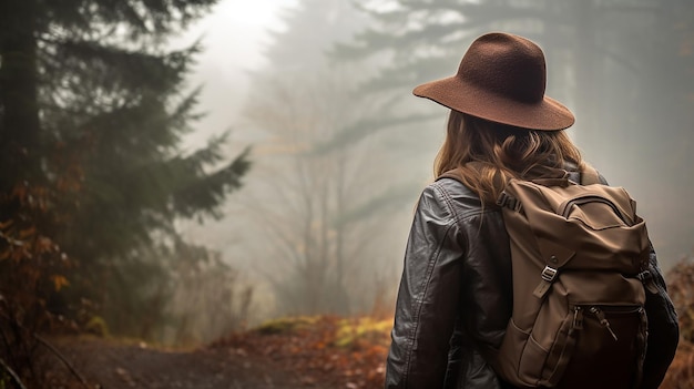 Mujer con gorro tejido mochila senderismo en bosque de madera brumoso