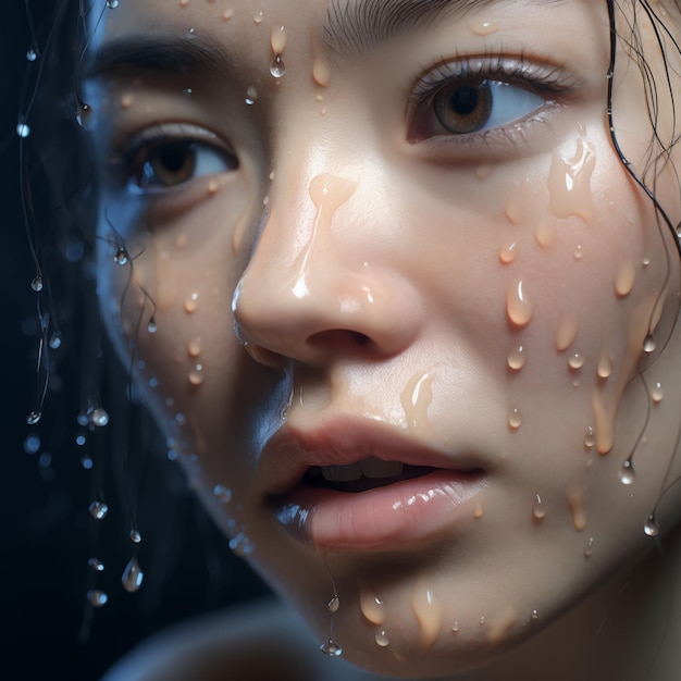 Mujer con las gotas de lluvia en la cara